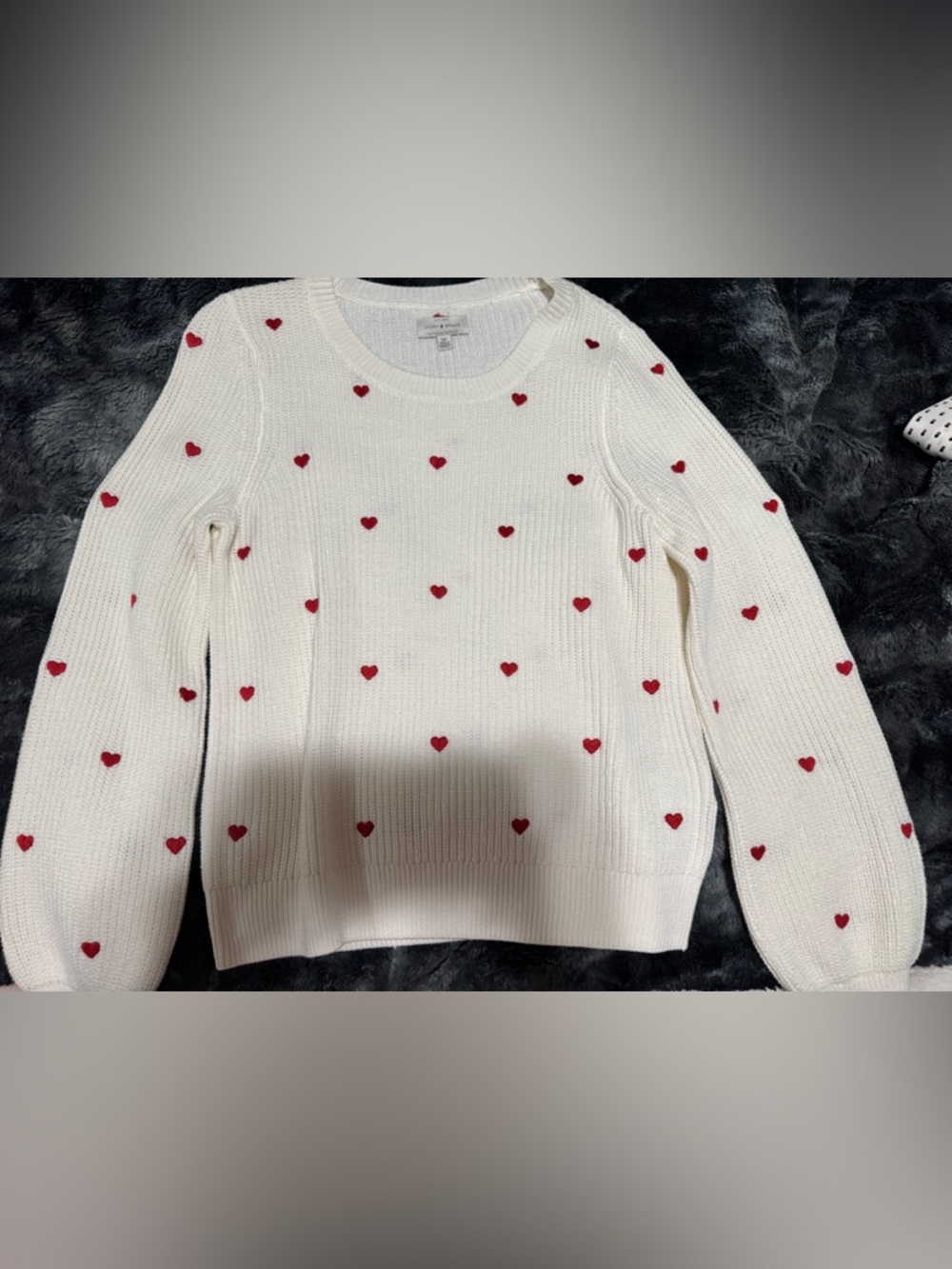 Lucky Brand Cream Crewneck Sweater with Red Heart Accents